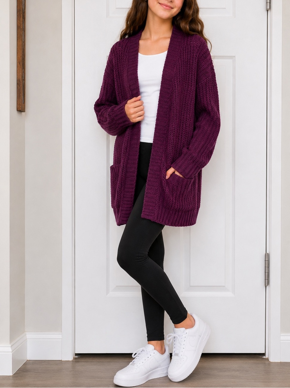 Arizona Jean Co Girls Purple Chunky Knit Open Cardigan Sweater Size 10/12